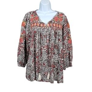 Savanna Jane Top Blouse Womens L‎ Embroidered Floral Boho Peasant Balloon Sleeve